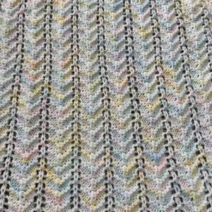 Handmade Crochet Knit Baby Blanket/Afghan Pastel Pink Blue Yellow Lacy Chevron